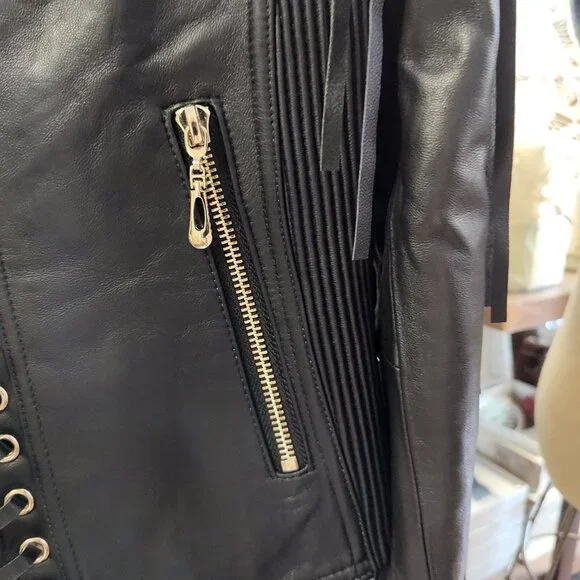 MADONNA & CO LUXE FRINGE LEATHER BOLERO JACKET BIKER BABE RARE - Picture 3 of 8